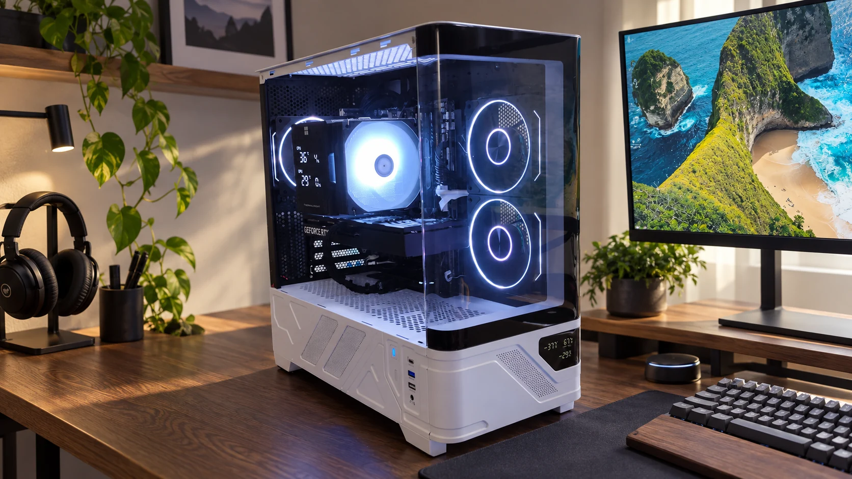 AJ's white-and-black gaming PC in an AI-edited desk scene