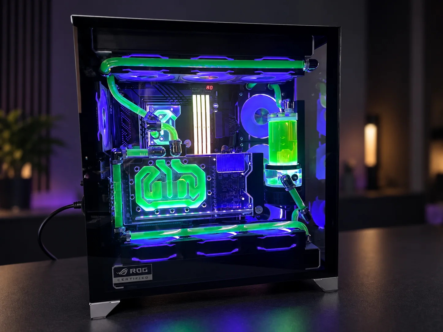 Dan's finished custom water-cooled PC in an edited studio setting