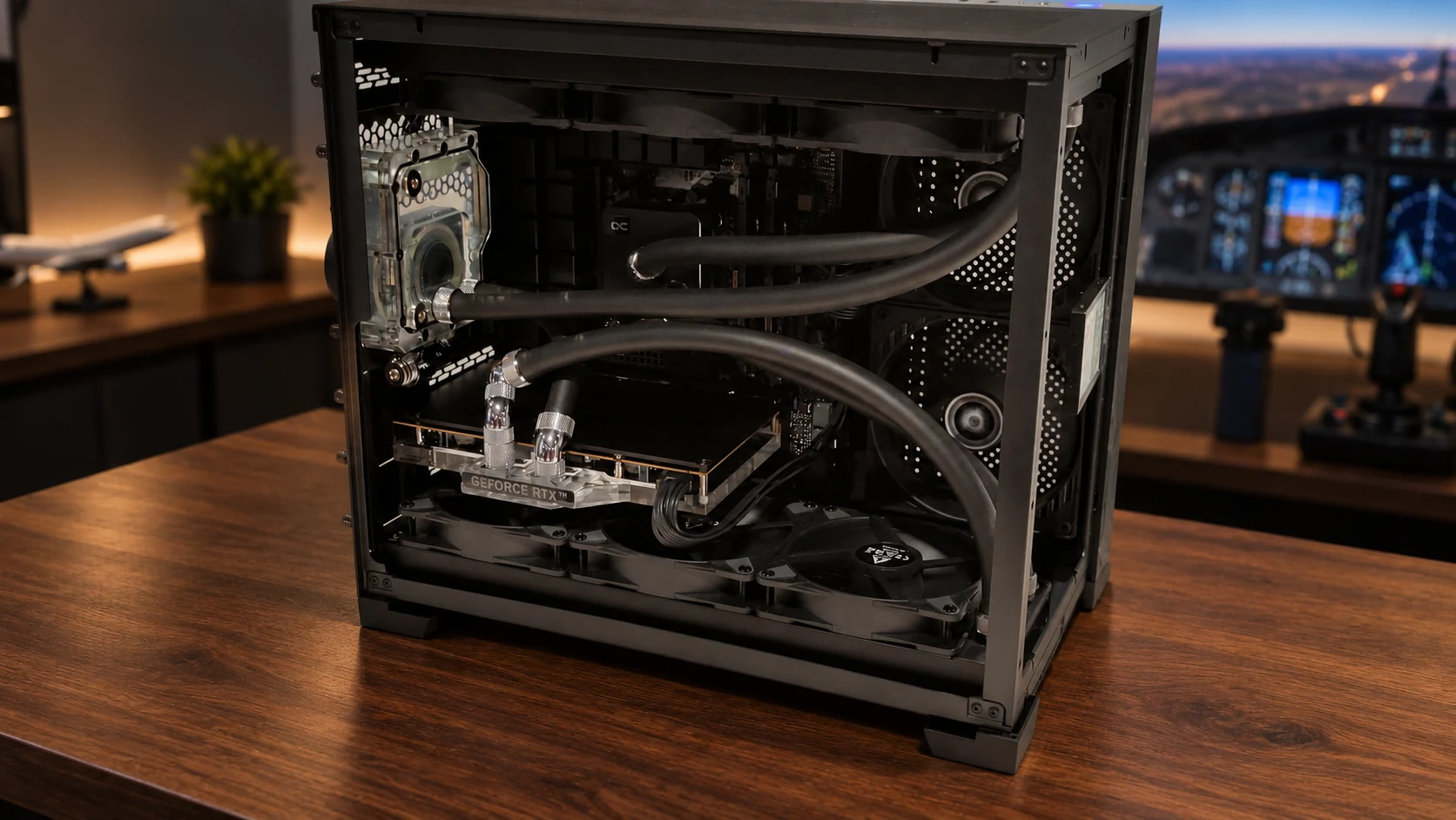 Open view of David's real flight simulator PC showing CPU and GPU water blocks and dark tubes against an AI-edited desk background