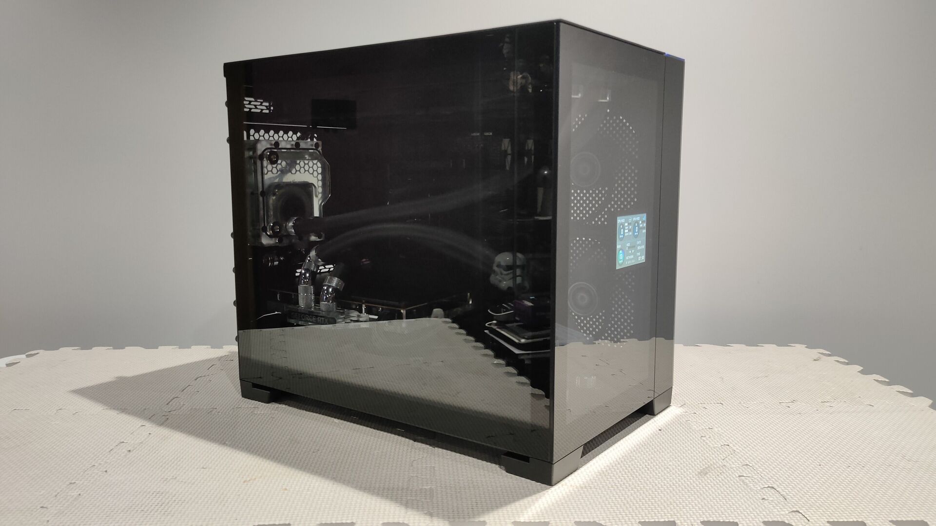 Unedited January 2024 photograph of David's completed black PC on a white foam mat