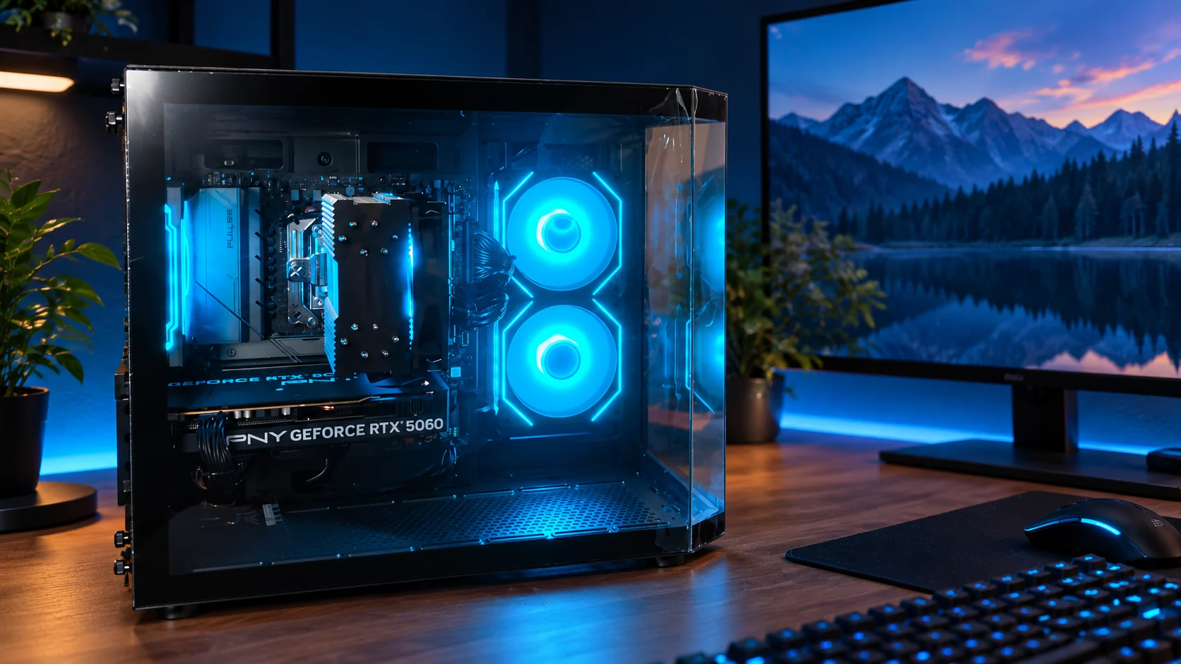 Kirsti's finished black gaming PC with blue lighting in an edited desk setting