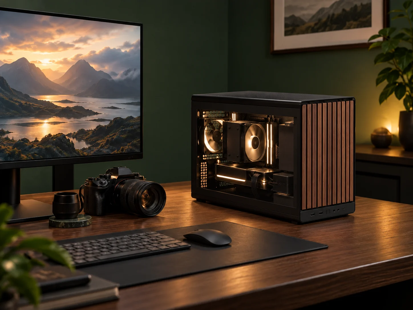 AI illustration of a Lian Li A3 PC on a photo-editing desk