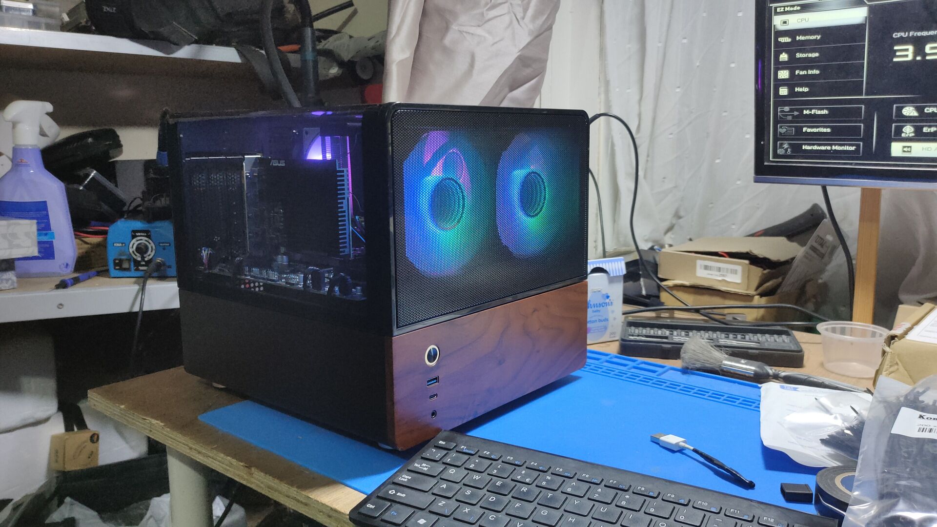 Unedited 20 February 2026 workshop photo of Mark's Jonsbo V12 PC during testing