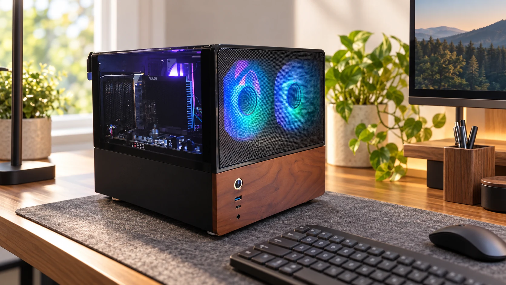 Mark's black-and-wood PC in an AI-edited desk scene