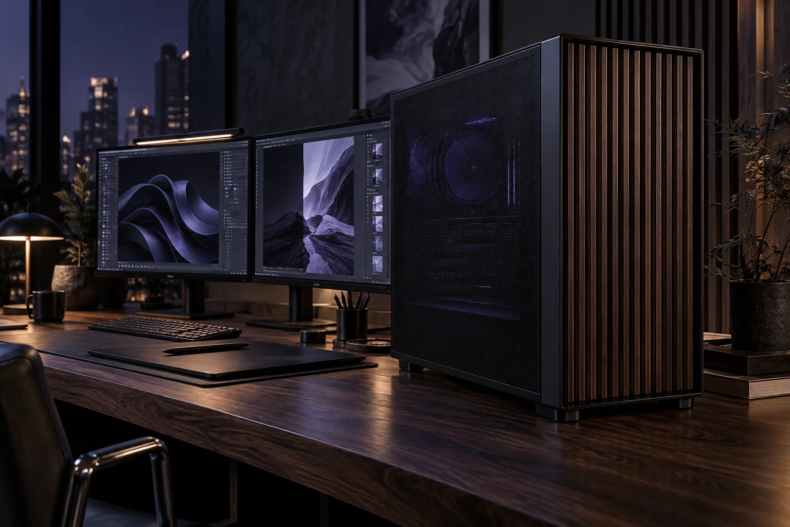 Concept render of a dark black-and-walnut AETHER5 workstation on a creative studio desk