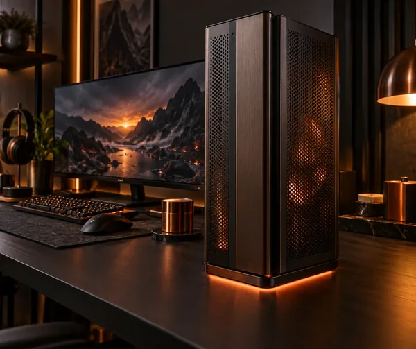 Concept render of bronze vertical EMBER4.0 PC in an orange-lit desk scene