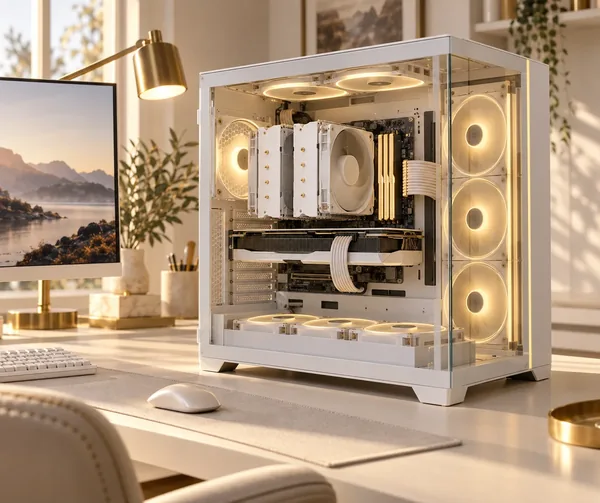 Concept render of white and gold FORCE10 air-cooled PC