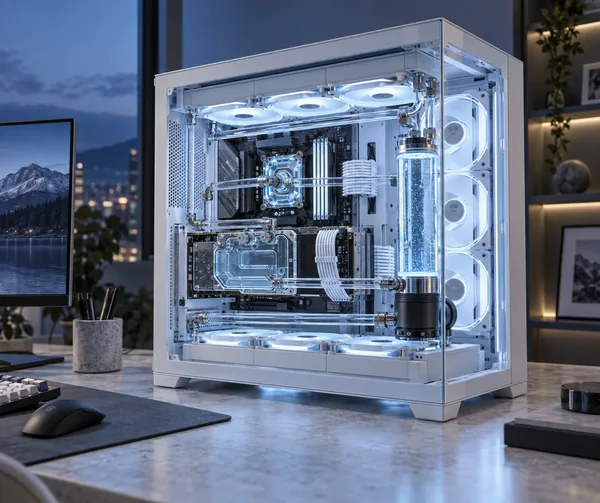Concept render of white H2.0 PC with a visible custom CPU and GPU water loop