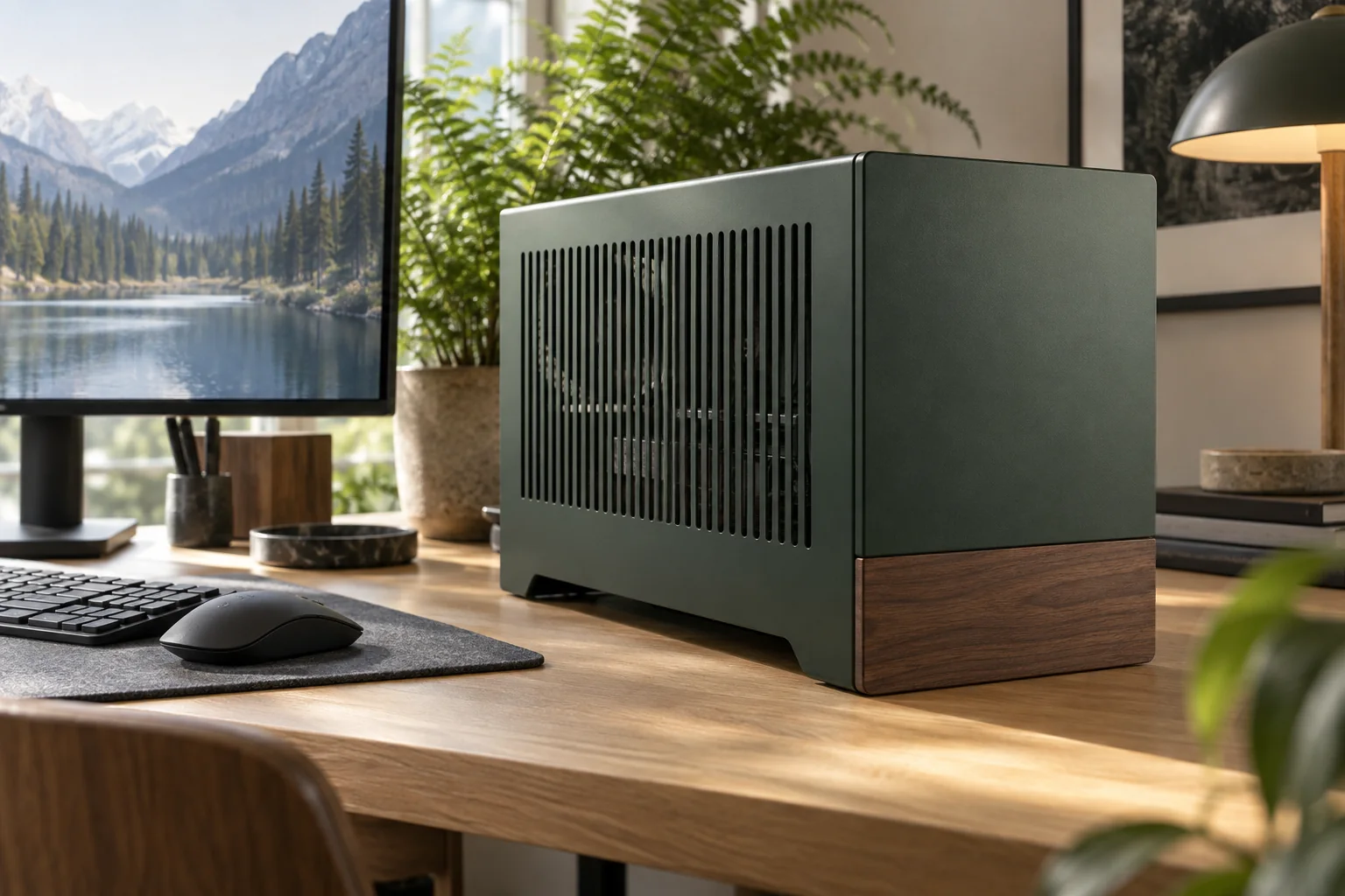 Concept render of a green and walnut compact TERRA3.0 PC on a sunlit wooden desk