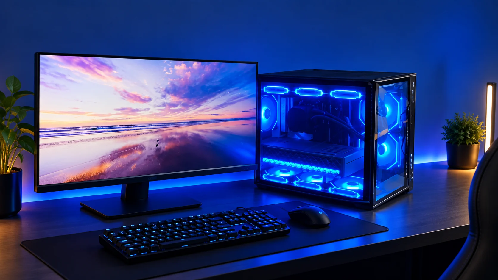 AI presentation of Lorenzo's black panoramic gaming PC from Patricia's April 2025 photo, glowing blue