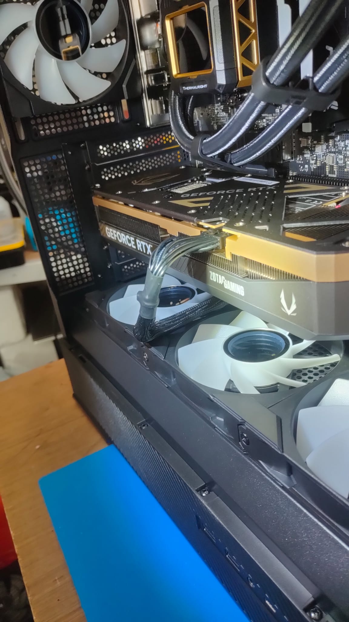 Original close-up of the assembled DCS PC showing the Zotac RTX card, cooler display and case fans