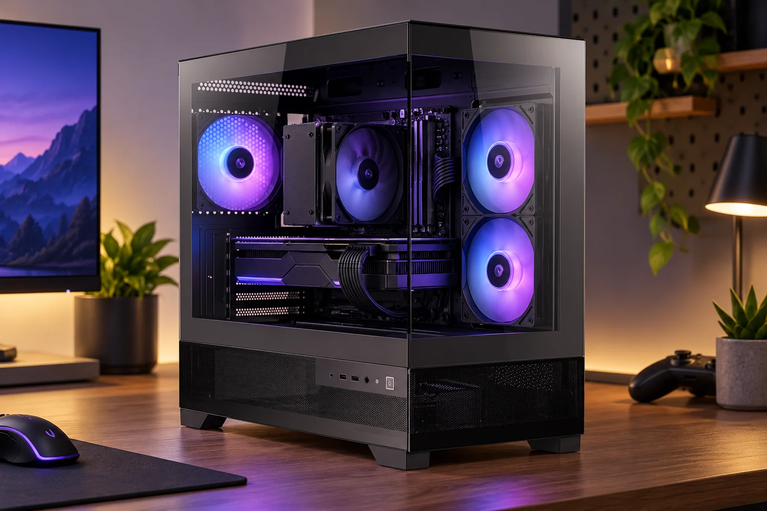 AI illustration of a black panoramic gaming PC based on the case reference discussed with Rosie