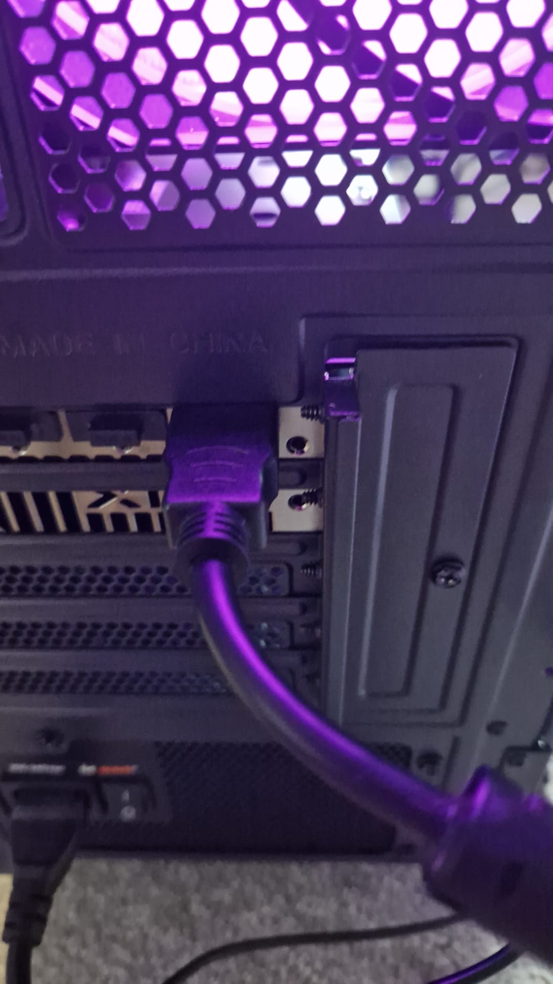 Unedited customer setup photo showing the rear display connections on Rosie's completed PC