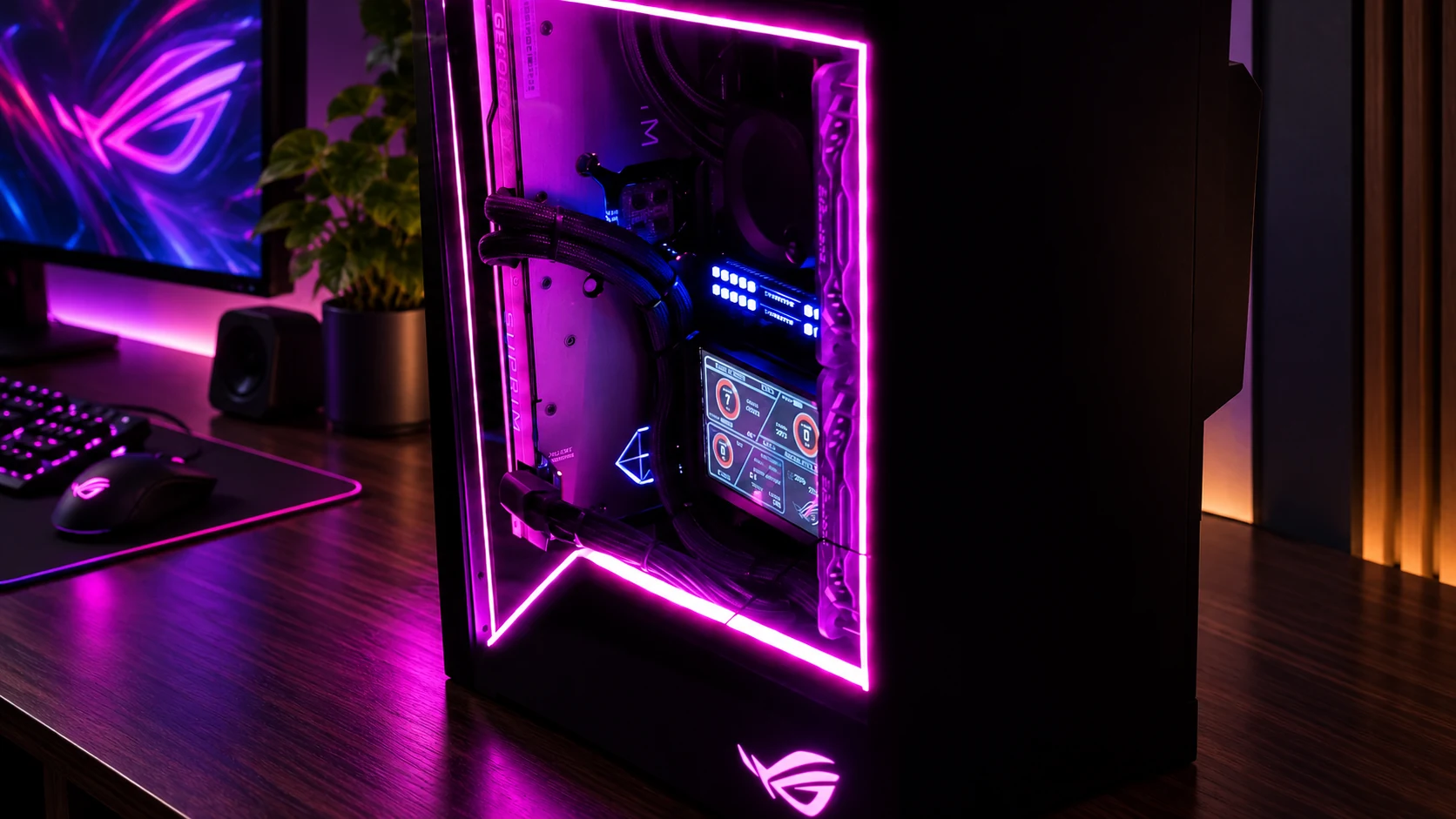 Sean's ROG Z11 with magenta diffused light strips and internal status display, presented in a desk setting
