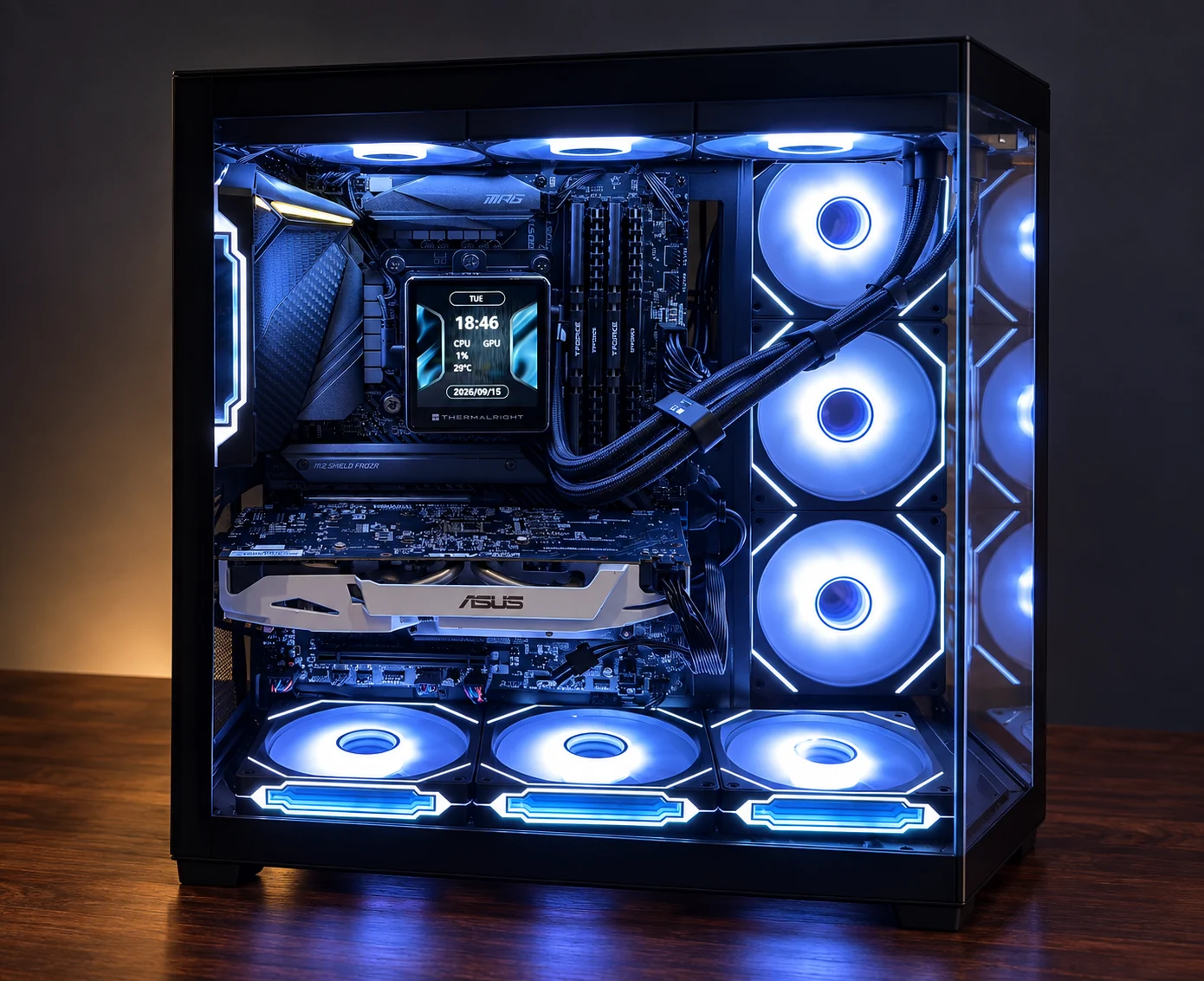 Theo's blue-white-lit gaming PC with the outer case edges reconstructed from his full-case photo